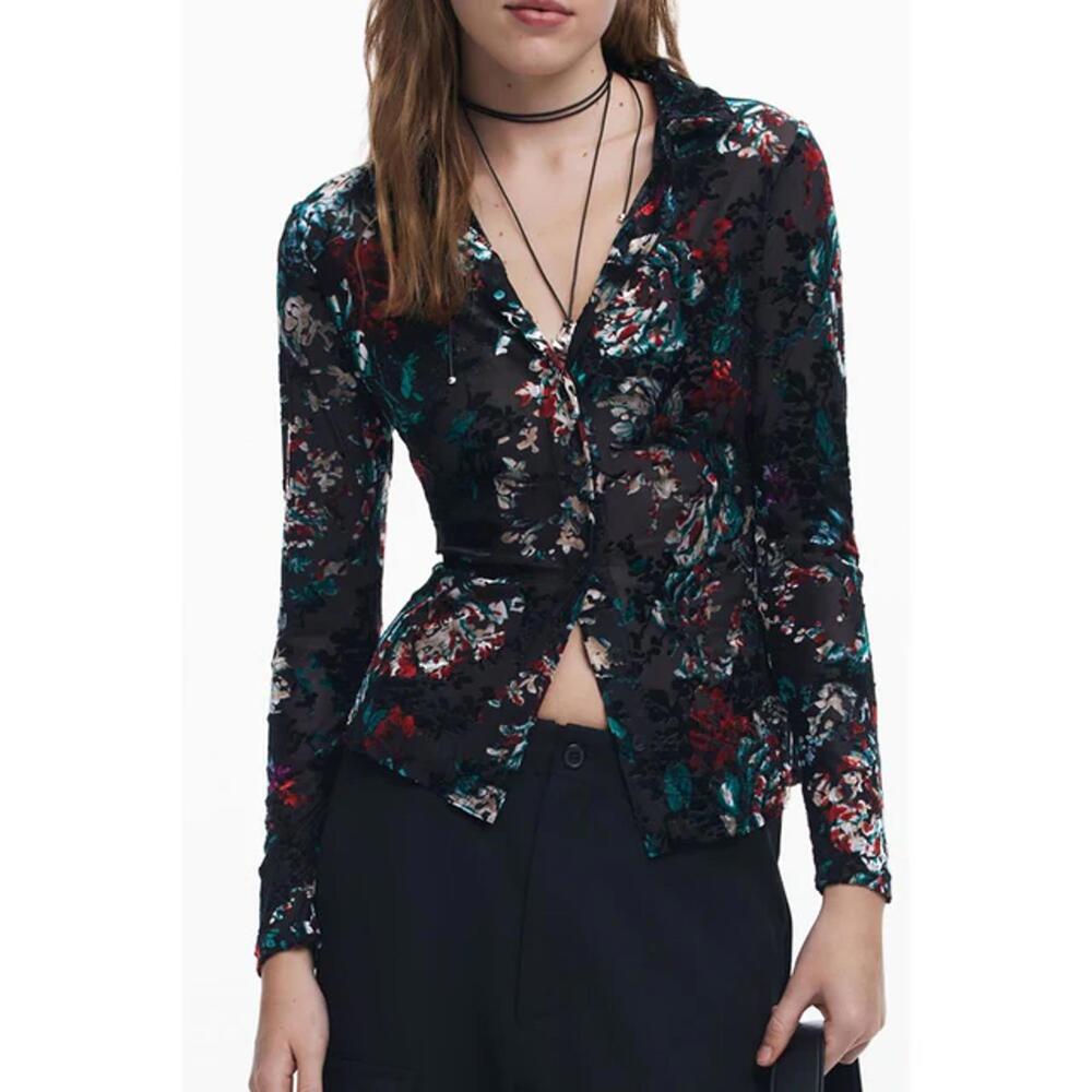 Desigual Women's Floral Velvet Button-Up Blouse